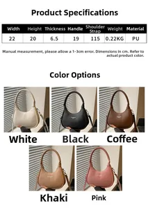 Detailed size chart and dimensions for the solid color PU leather crescent shoulder bag