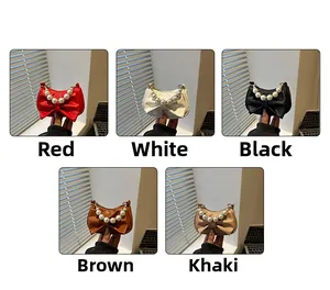 Mini tote bags with pearl handles and bow designs in red, white, black, brown, and khaki