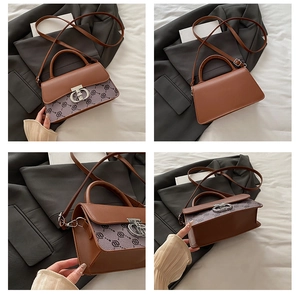 Detailed views of brown monogram shoulder bag with metallic lock and slim strap
