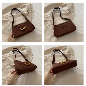 Detailed four-way view of deep brown suede shoulder bag with gold crescent metal buckle