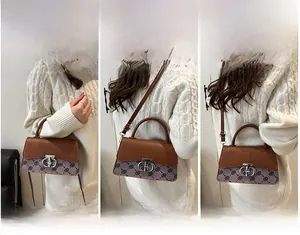 Detailed views of a brown vintage leather handbag shown in handheld and crossbody styles