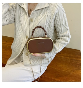 Detail of a brown capsule-shaped hardshell handbag with woven handle and gold chain strap