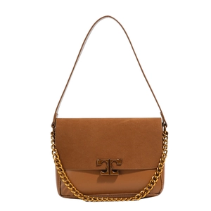 Brown textured leather shoulder bag with gold chain strap and metal logo clasp