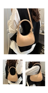 Three-way view of a beige hobo bag showing adjustable straps and chic printing