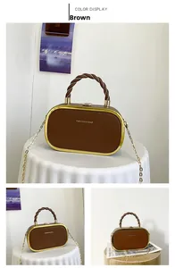 Detailed views of the brown box handbag featuring gold metal frames and a chain strap