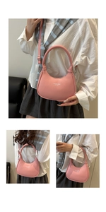 Detailed views of the pink leather crescent hobo bag from front, side and back angles
