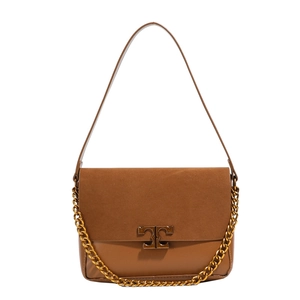 Elegant caramel brown leather crossbody bag with suede flap and gold metal clasp