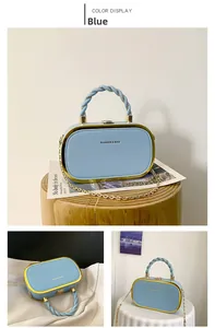 Light blue oval hardshell box bag with gold metal frame and twisted handle detail