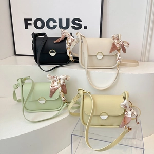 Women PU Leather Shoulder Crossbody Bag With Satin Scarf Decor Metal Buckle Flap Small Square Purse For Daily Use
