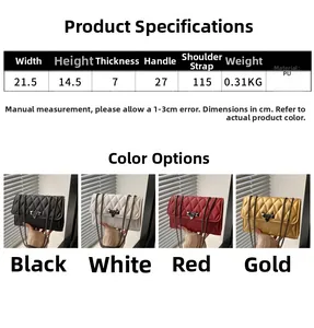 Detailed sizing chart and material specifications for quilted chain shoulder bag