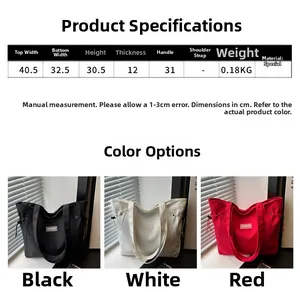 Size chart for high-capacity nylon tote bags with detailed product dimensions and colors