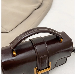 Détail d'un sac à main marron foncé avec fermoir en laiton et poignée cylindrique