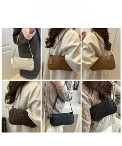 Detail view of retro monogram shoulder bags in four colors showing fashion textures
