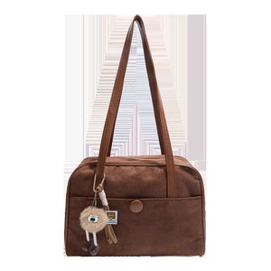 Vintage brown frosted tote bag for women with long straps and creative plush monster charm