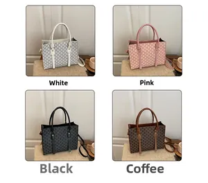 Collage of four large capacity tote bags in white, pink, black, and coffee brown colors