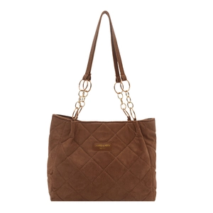Brown quilted suede tote bag with diamond stitching and gold chain strap in a frontal view
