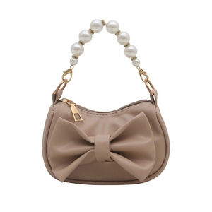 Elegant beige bow shoulder bag with pearl handle and golden zipper for women