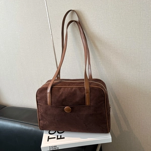 Retro deep brown suede tote bag for women with large capacity for commuting and office