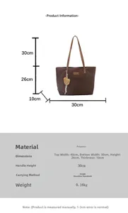 Detailed dimension guide for brown polyester tote bag with size specs and bear charm