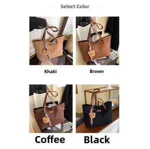 Multi-color corduroy tote bag collection with bear pendants and striped scarves