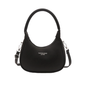 Minimalist black crescent leather handbag with silver hardware and adjustable strap