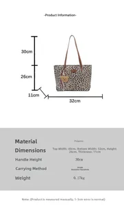 Detailed size specifications of leopard print tote bag with plush bear charm