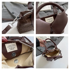 Detailed views of dark brown PU leather bucket bag with metal zipper and magnetic buckle