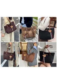 Collage of large capacity tote bags in brown and black with plush bear charm details