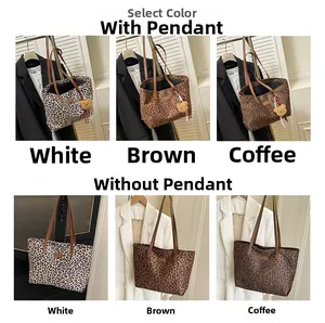Grid display of leopard print tote bags in white, brown and coffee with bear pendant details