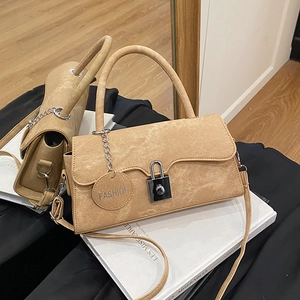 Chic khaki faux suede rectangular crossbody bag with top handle and metal lock