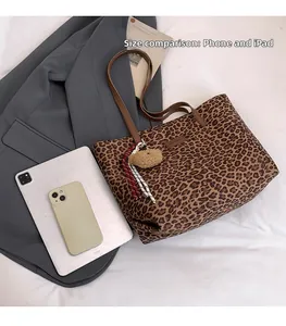 Detailed comparison of large leopard print tote bag size with iPhone and iPad