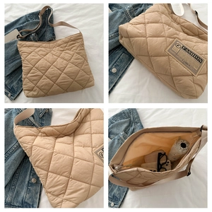 Vues détaillées du sac bandoulière matelassé beige avec motifs en losange et intérieur