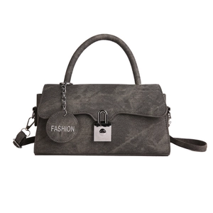 Chic dark grey denim texture crossbody bag with silver buckle and fashion pendant