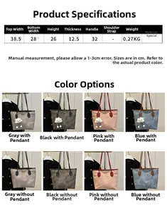 Detailed size chart and color options for high capacity textured tote bags for women