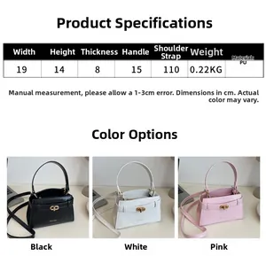 Tableau des tailles et trois options de couleurs pour petit sac carré à motif crocodile