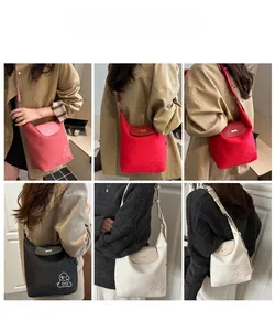 Collage of canvas shoulder bags featuring cartoon dog embroidery and bone-shaped buckle