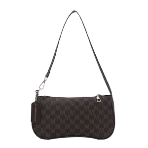 Retro monogram moon-shaped shoulder bag in brown patterned leather with silver hardware