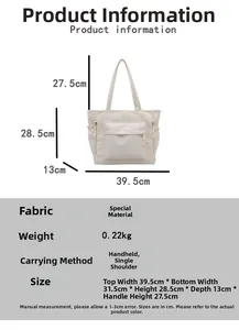 Detailed size chart of cream white tote bag showing dimensions and pocket design