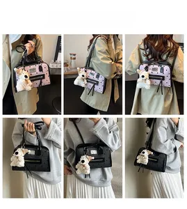 Polka dot shoulder bag with bear charm shown in multiple carrying styles on model