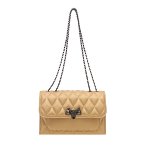 Champagne gold quilted crossbody square bag with metallic chain strap and lock detail