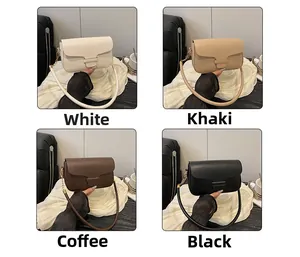 Detail shot of four elegant crossbody bags in white, khaki, coffee, and black faux leather
