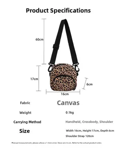 Canvas leopard print mini round crossbody bag with adjustable strap and size guide details