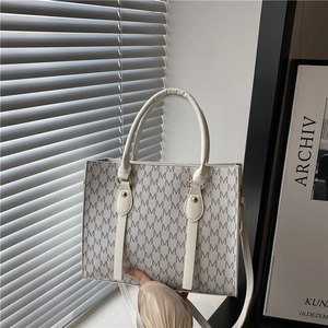 Classic white large tote bag with grey M-letter prints and detachable shoulder strap