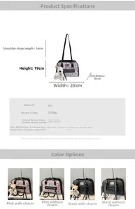 Polka dot PU shoulder bag with plush puppy pendant and detailed size specifications