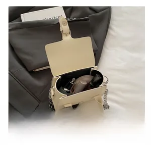 Detailed internal capacity of beige mini bag showing perfume, lipstick and cosmetics