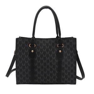 Classic black tote bag with gray M-monogram pattern and versatile shoulder straps