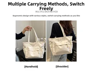Off-white tote bag showing handheld and shoulder carrying options for daily commute