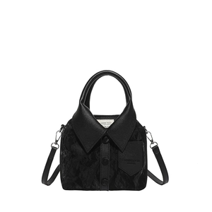 Black bucket bag with unique shirt collar design and texture for casual crossbody use