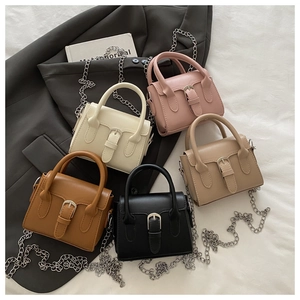 Mini retro leather handbag set in five colors featuring silver chain and buckle details