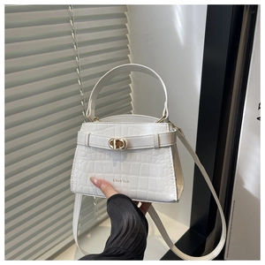 Détail du sac Kelly blanc motif crocodile avec fermoir doré et logo de la marque